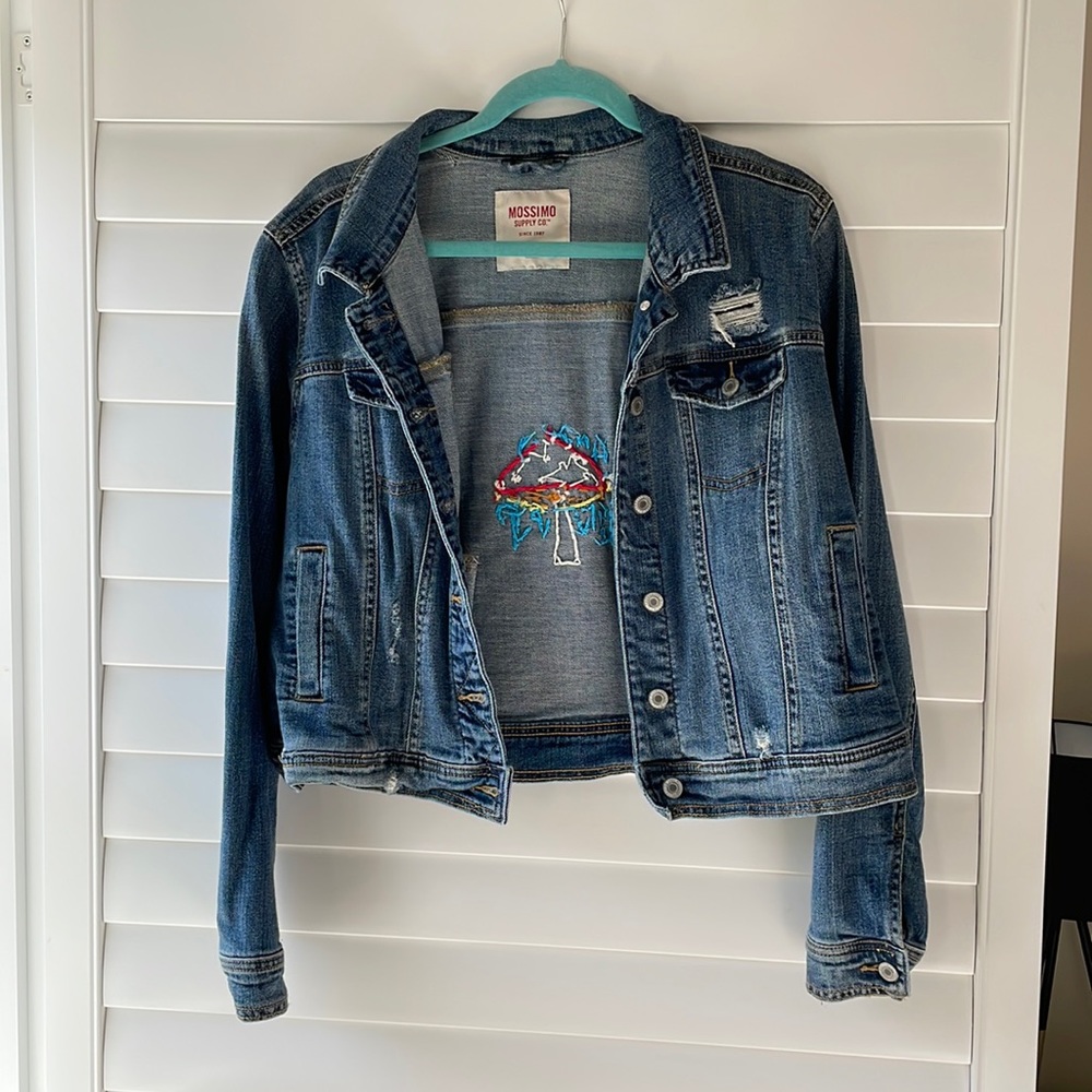 mossimo kids XL jean jacket with custom mushroom embroidery